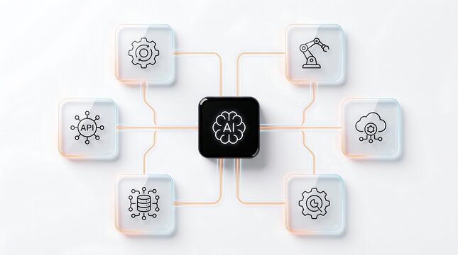 Artificial intelligence central hub concept with glowing icons representing machine learning api cloud services and robotic process automation on a clean white background for business
