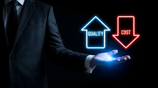 Businessman Touching Neon Quality Up Cost Down Icons Hand Business Concept