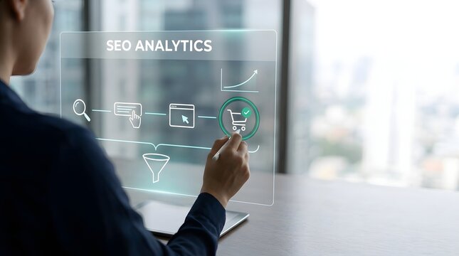 Business professional using a glass board for modern seo analytics strategy planning