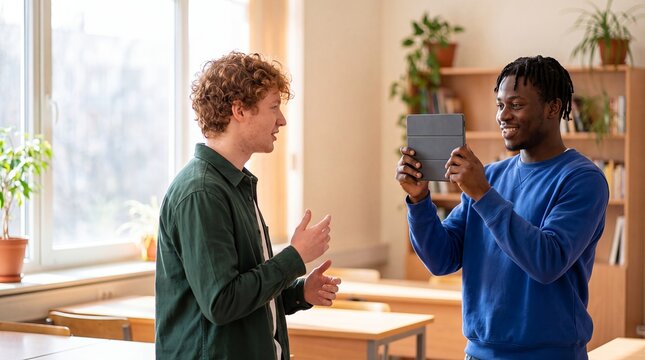 Students tablet recording presentation classroom filming practice men speaking rehearsal. One young man films his classmate rehearsing a talk in a sunlit classroom for media training promotions