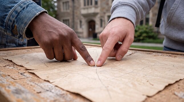 Hands map pointing planning travel journey students paper old destination. Two hands point at the same spot on a worn paper map outside an old building for travel agency promotions and tours
