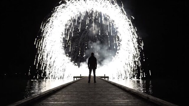 Man standing on pier creating a large spinning firework circle at night