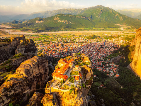 The monastery Meteora, aerial rocky monasteries complex in Greece near Kalabaka city. Monastery of the Holy Trinity