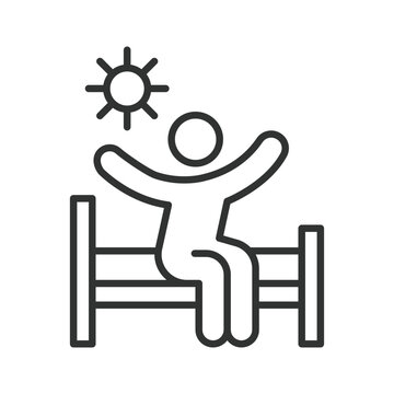 Person waking up in bed icon in line design. Morning, sun, stretch, sleep, bedroom, lifestyle, relaxation on white background vector. Waking up editable stroke icon