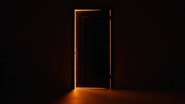 Warm golden light shining through a slightly open door in a dark, mysterious interior, symbolizing new opportunities or secrets.