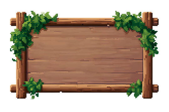 A retro, pixel-style wooden frame with green ivy leaf accents on a white background, perfect for fantasy-themed game interfaces, message boxes, and adventure game inventory items.