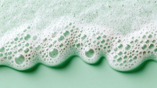 Foamy soap bubbles on mint green background, cleaning foam texture macro. Fresh detergent lather pattern for hygiene ads