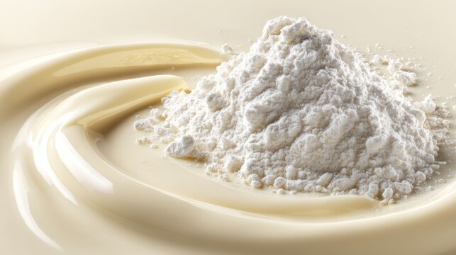 Creamy yogurt swirl with white flour mound, beige food texture background, minimalist baking ingredient concept photo