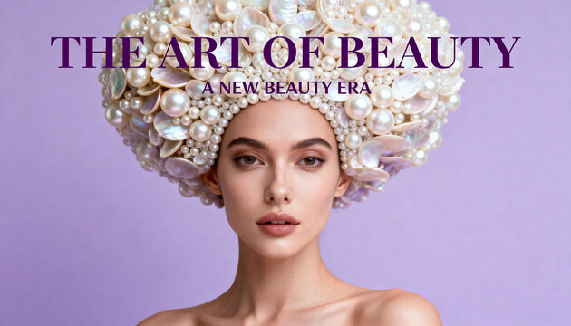 beauty editorial featuring a female model with a sculptural hairstyle made from hundreds of freshwater pearls, natural skin and high-fashion styling against a soft lavender backdrop.