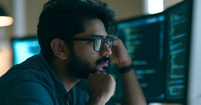 A contemplative Indian software developer in glasses examines program code on his computer screen, mulling over an application algorithm and collaborating with a team on a digital project within an of