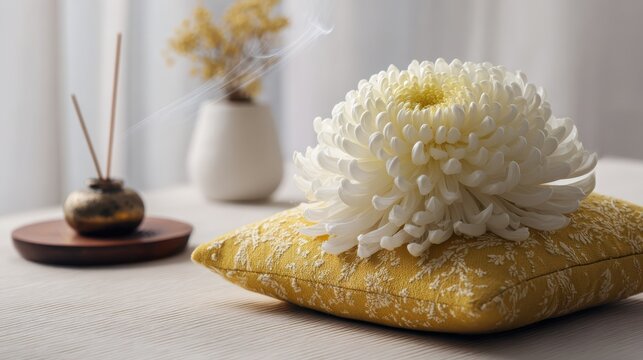 Serene spa still life with white chrysanthemum flower, yellow textured cushion, aromatherapy incense on neutral table