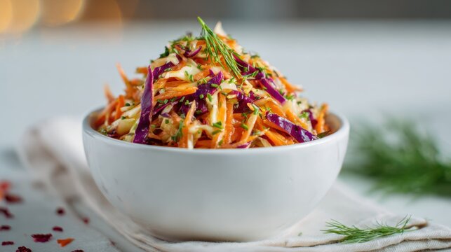 Vibrant coleslaw salad in white bowl, colorful shredded cabbage and carrot slaw, fresh vegetarian side dish close-up