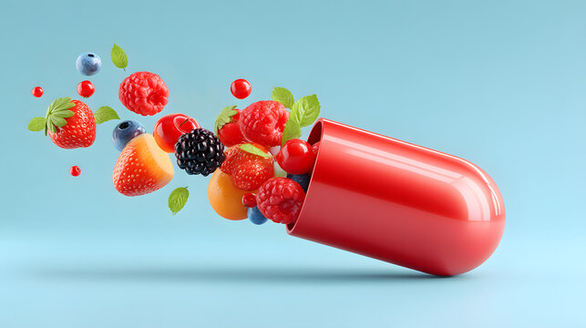 Red medical capsule pouring out fresh mix of berries and fruits on blue background
