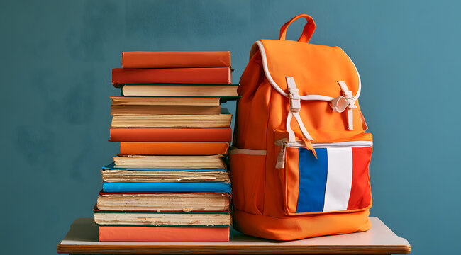 A stack of antiquated books, an orange backpack emblazoned with a French flag, and a wooden school desk filled with student essentials for an elementary-level class. Educational materials for children