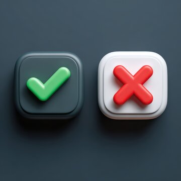 3D check mark and cross icons, green approval tick and red reject X buttons, UI decision symbols on dark background