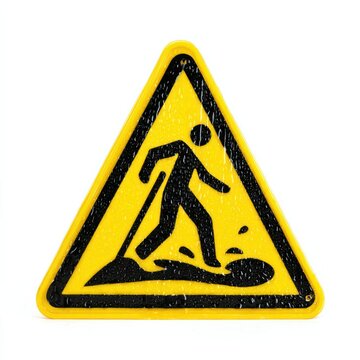 Warning wet floor sign, yellow triangular caution symbol with slipping person icon, safety hazard notice for workplaces