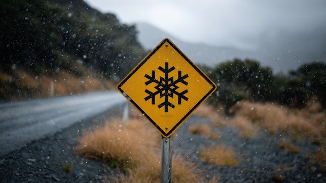 Winter road warning sign with snowflake symbol, yellow diamond traffic sign in rain, icy weather driving hazard concept