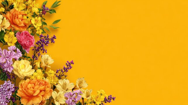Vibrant spring flowers on yellow background, colorful floral border corner. Fresh bouquet copy space for design
