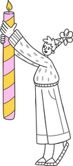 Naklejka premium Birthday Candle Holding Character Line Art