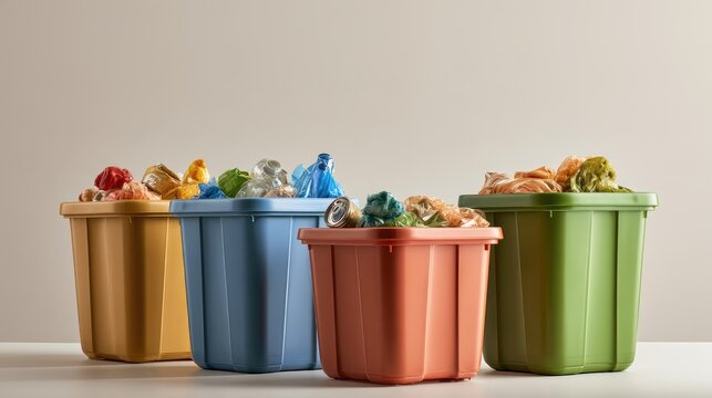 Colorful Garbage Bins Filled with Plastic Waste and Cans on a Light Background for Recycling and Environmental Awareness