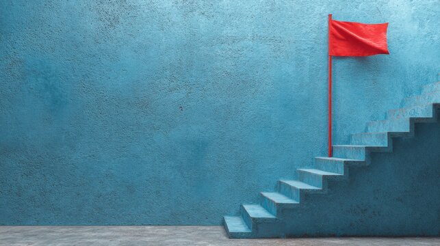 Minimalist blue concrete wall with staircase and red flag, empty space background for leadership concept and success motivation