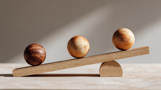 Minimalist wooden balance board with three wooden spheres, neutral still life on beige background, zen concept photo