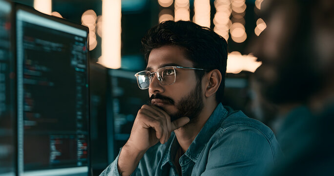 A pensive young Indian software developer in glasses reads program code on a computer screen, contemplating an application algorithm while working on a digital project collaboratively with a team in a