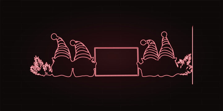 Neon Christmas gnomes with blank sign vector, glowing pink garden tomte line art, festive holiday banner with cute mythical creatures