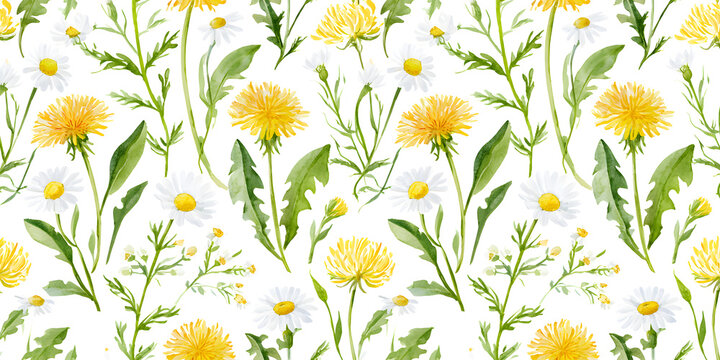 A seamless watercolor pattern featuring wildflowers, plants, dandelions, and daisies, crafted with a delicate handmade touch on paper texture. Ideal for wallpapers, fabrics, home textiles, or as a bac