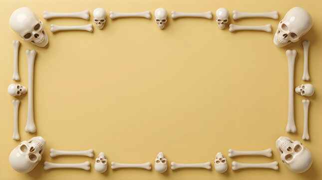 Halloween skull and bone border, spooky skeleton frame on yellow background, macabre decorative layout for holiday invitations