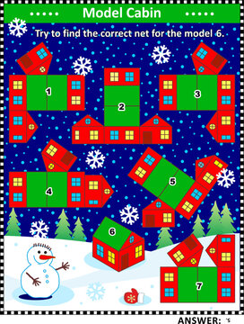 Visual puzzle (suitable both for kids and adults): Find correct net for model house 6. Answer included.
