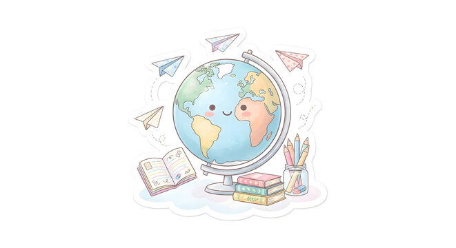  World globe with flying airplane and school stationery for geography study