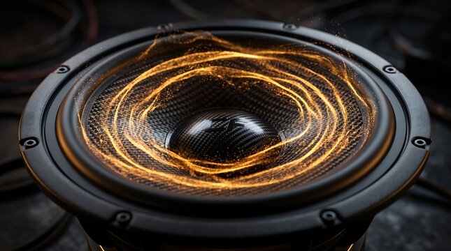 High performance audio speaker with glowing golden sound waves vibration acoustic resonance frequency technology equipment performance electronic soundwave amplifier waveform abstract