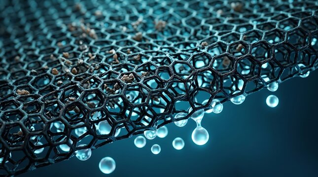 Black honeycomb material surface with glowing water droplets honeycomb geometric droplets abstract structure hexagonal material industrial technology moisture background research template