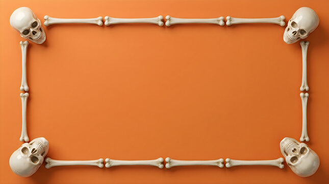 Halloween skeleton frame on orange background. Spooky skull and bone border for party invitations. Creepy anatomical frame with copy space.