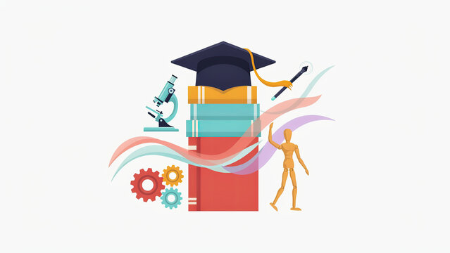 Flat vector illustration of a graduation cap on stack of books with microscope and mannequin