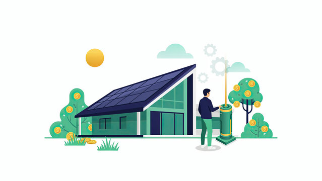 Flat vector illustration of a man managing renewable solar energy home system for financial growth