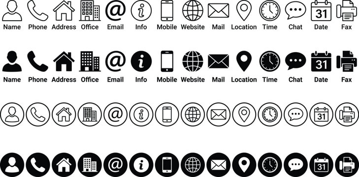 A collection of clean, modern icons representing various contact methods like name, address, phone, email, and website for business use.