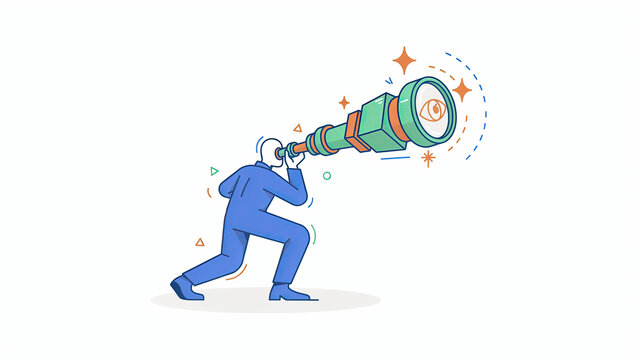 Flat vector illustration of a person looking through a telescope representing vision and future success