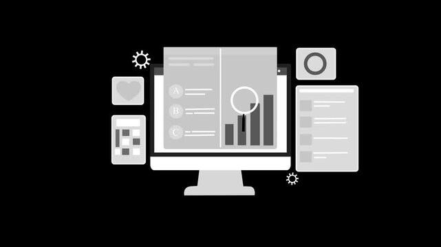 Flat-style animation of a desktop monitor surrounded by mobile and tablet UI mockups
