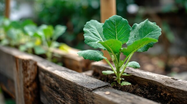 Fresh green seedling in raised wooden garden bed, organic vegetable sprout close-up with soil texture, spring planting concept