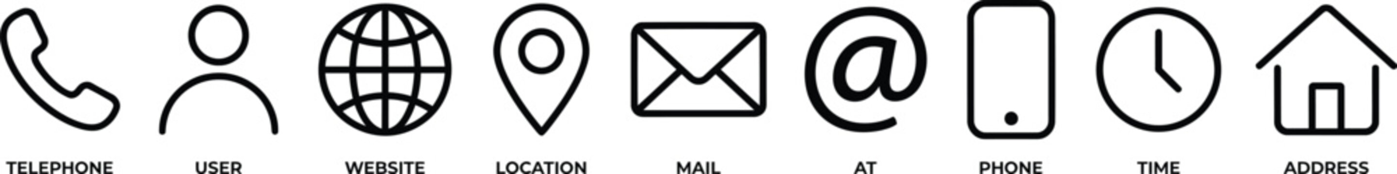 A row of black outline icons representing various contact methods and communication symbols on a white background.