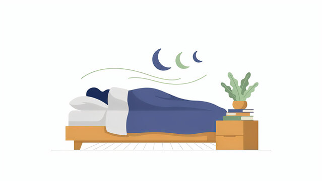 Flat vector illustration of a person sleeping soundly in bed with moon icons and plant