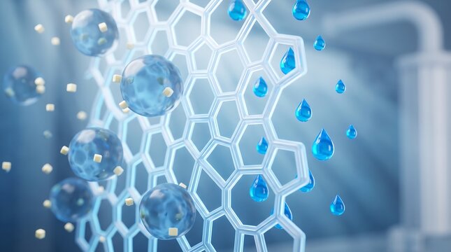 Molecular filtration process showing water droplets passing through a high tech honeycomb membrane layer with honeycomb structure purification technology industrial filter liquid droplets hightech