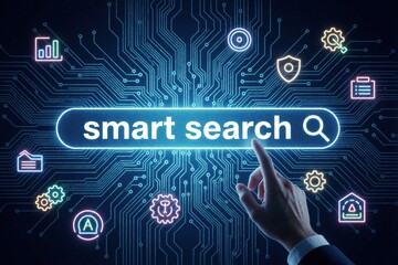 Obraz premium Hand touches smart search bar on digital circuit board background. AI technology helps find business info, data solutions quickly. Virtual interface shows various icons for workflow management, cloud