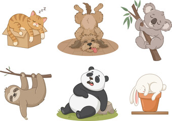 Fototapeta premium A collection of cute cartoon animals including a cat dog koala sloth panda and rabbit.