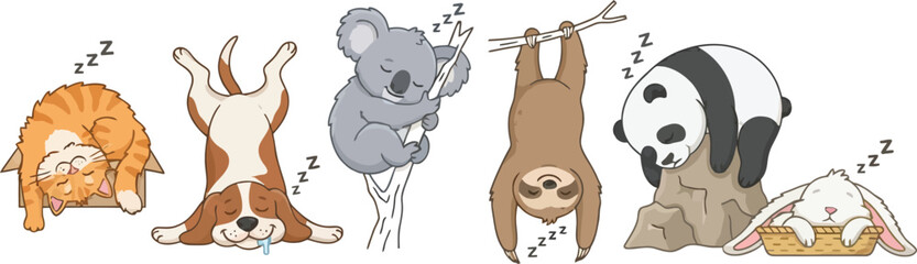 Fototapeta premium A collection of cute cartoon animals sleeping in various positions.
