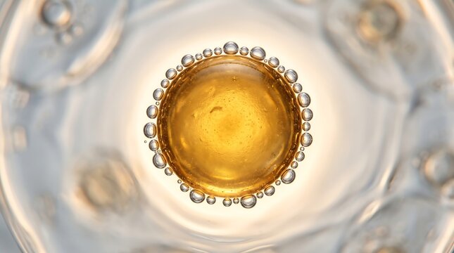 Top down close up of a single golden drop of oil floating in a clear liquid surrounded by rising bubbles with oil droplet liquid texture macro photography serum drop viscous liquid chemical react