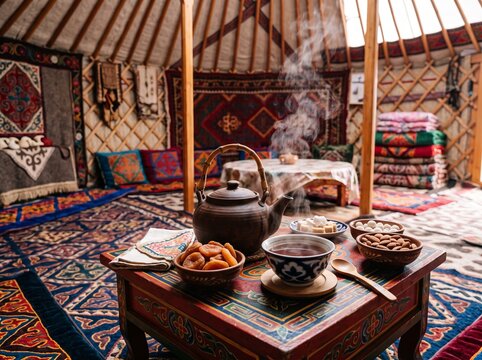 Traditional tea set with steaming ceramic teapot, tea bowl, dried apricots, and nuts arranged on an ornate table inside a yurt