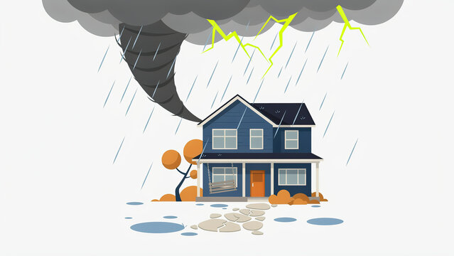 Flat vector illustration of a residential house impacted by a powerful swirling tornado and rain